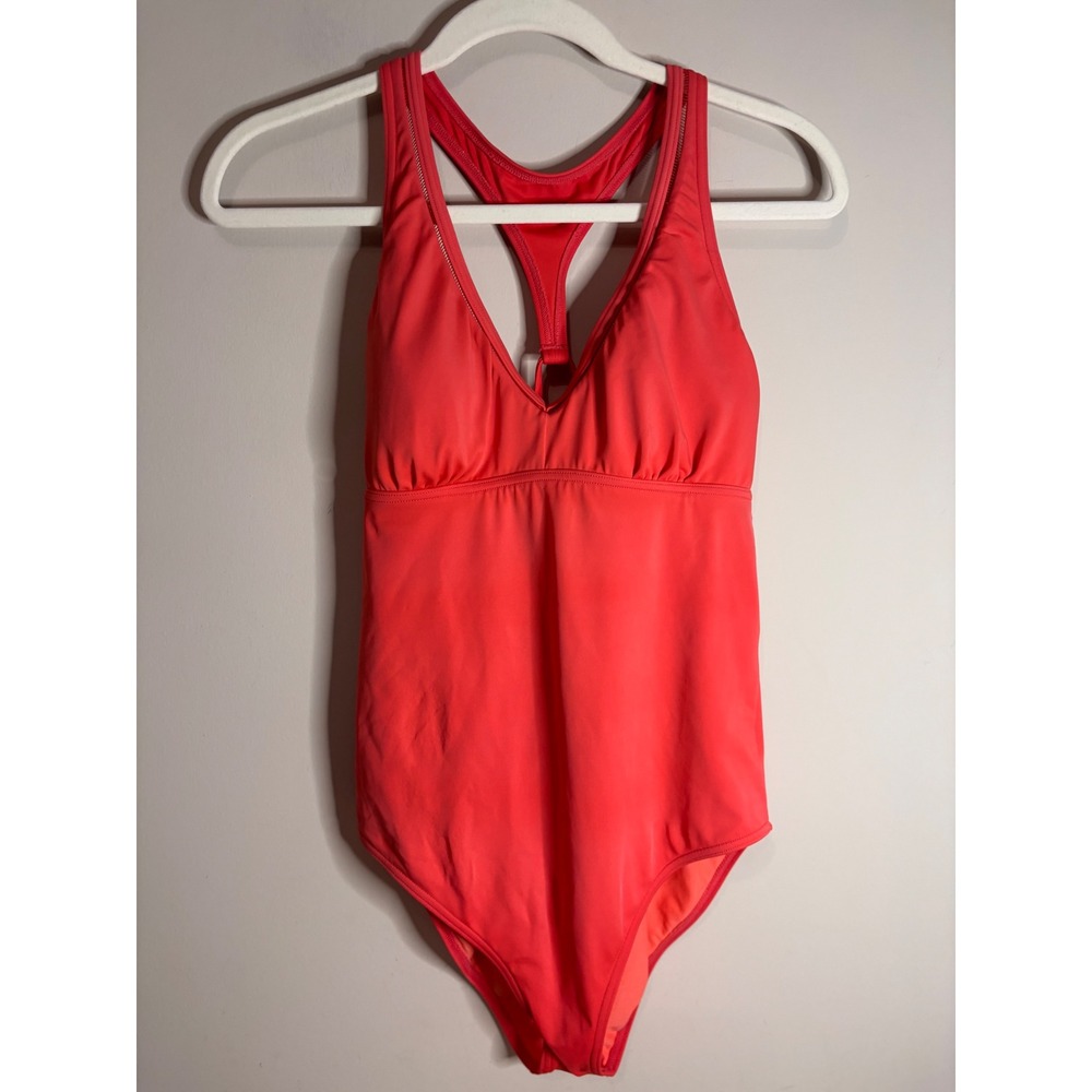 Prana Womens Coral Orange Racerback One Piece Swimsuit V-Neck Cutout Tie Back